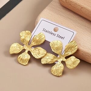 Gold Floral Stainless Steel Statement Earrings by